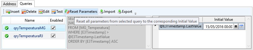 Opção Reset Parameters