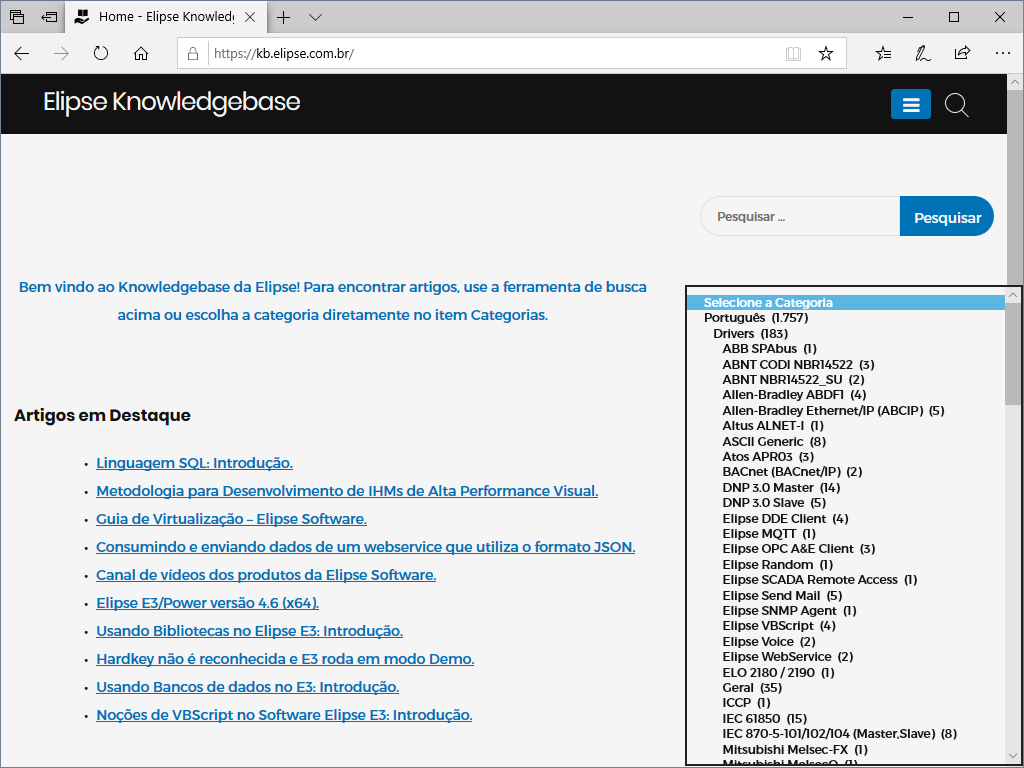 Opções de categorias no Elipse Knowledgebase