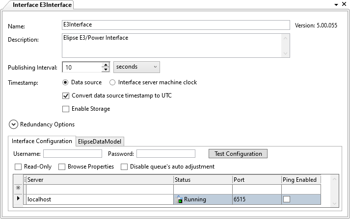 Janela de configuração da Interface