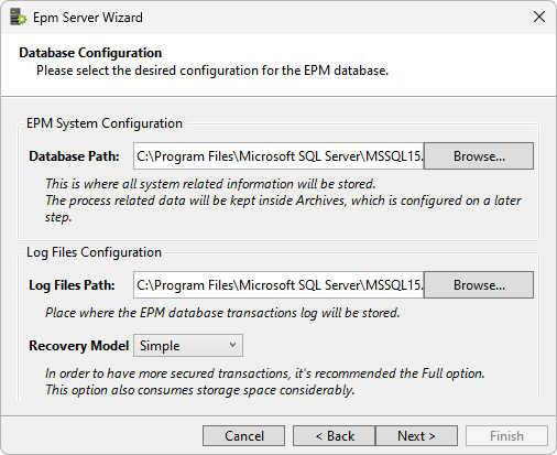 Janela para configurar diretórios de dados e logs