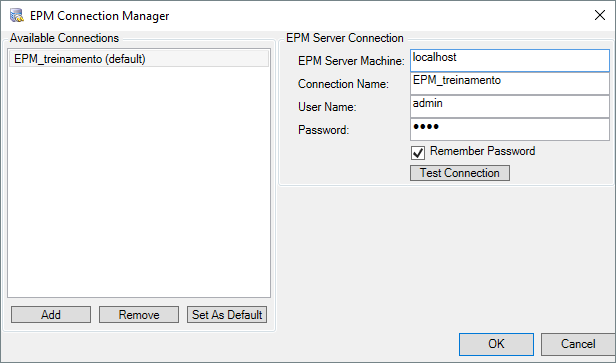 Janela de configurações das conexões Janela de configurações das conexões