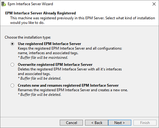 Janela de opções de atualização de um Interface Server Janela de opções de atualização de um Interface Server