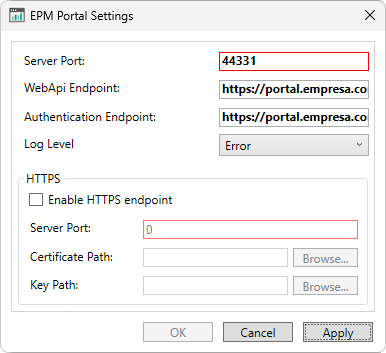Janela EPM Portal Settings