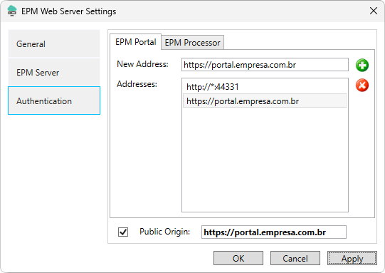 Janela EPM Web Server Settings