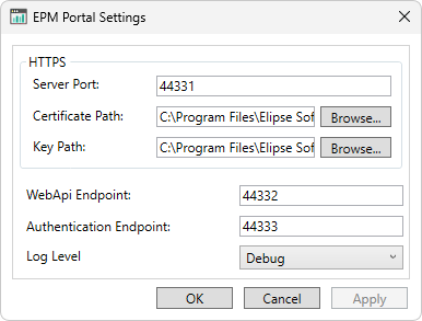Janela EPM Portal Settings