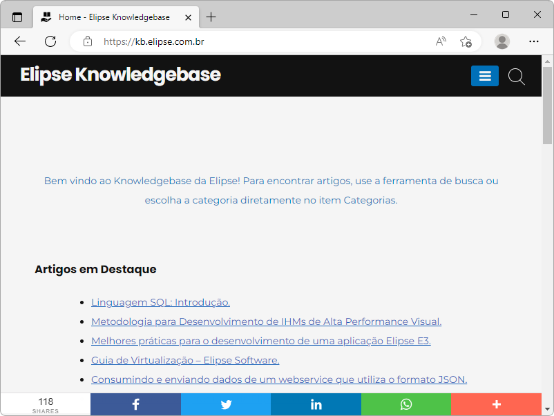 Página inicial do Elipse Knowledgebase