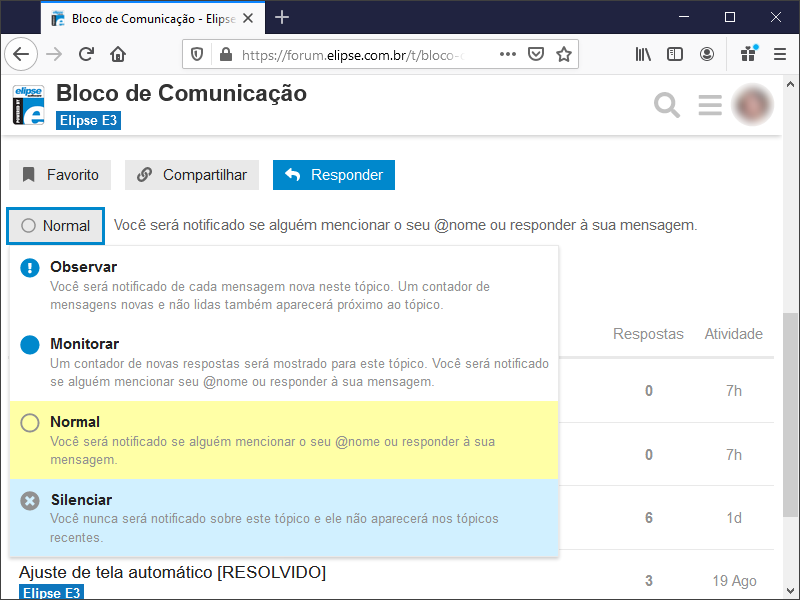 Opções de acompanhamento no Fórum