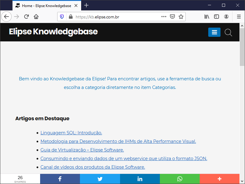 Página inicial do Elipse Knowledgebase