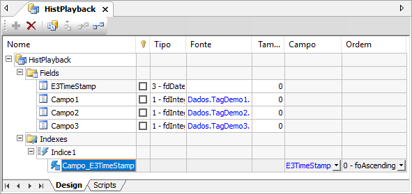 Definição de um índice para o campo E3TimeStamp