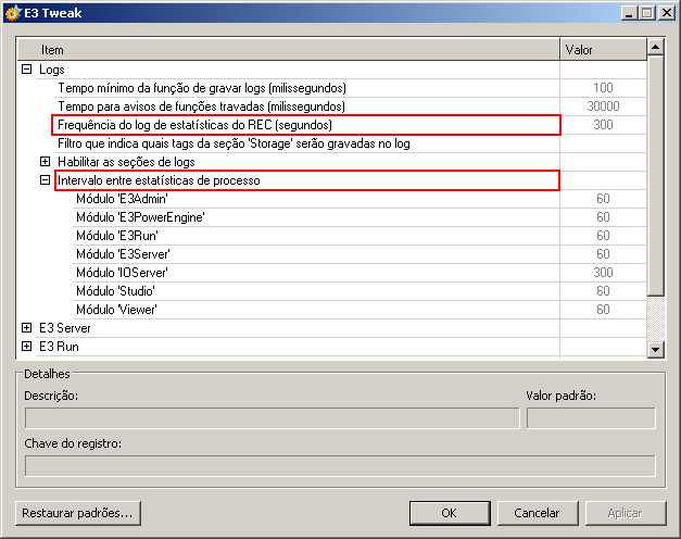 Novos itens de configuração de logs do E3 Tweak