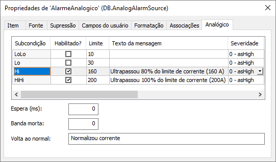 Propriedades do Alarme Analógico