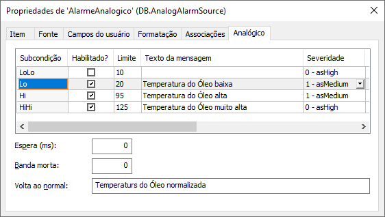 Configuração do Alarme Analógico