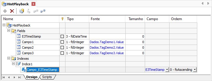 Definição de um índice para o campo E3TimeStamp