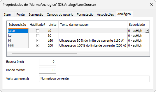 Propriedades do Alarme Analógico