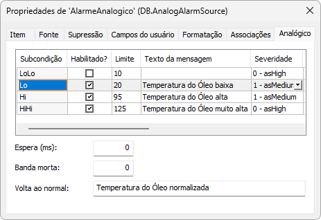 Configuração do Alarme Analógico