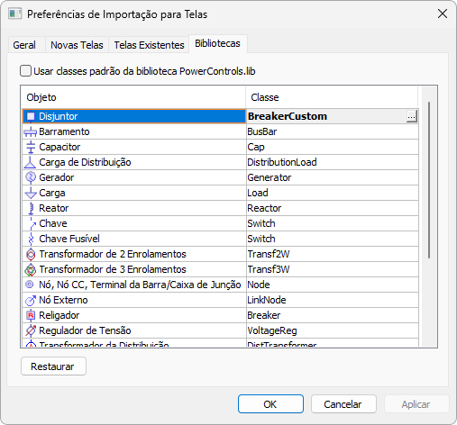 Janela Preferências de Importação para Telas