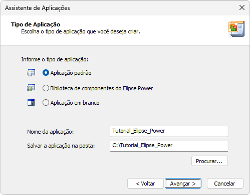 Opção de definição do tipo de aplicação