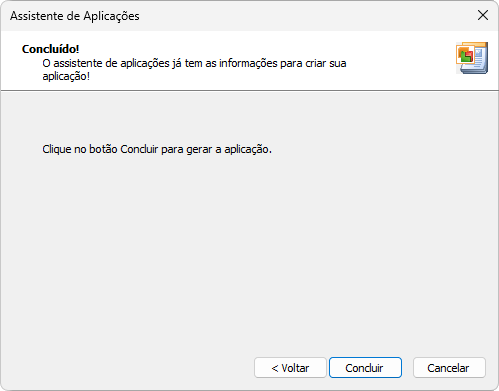 Janela de conclusão do Assistente de Aplicações