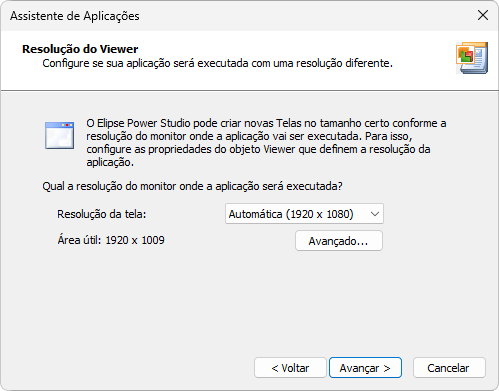 Opção de configuração da resolução do Elipse Power Viewer