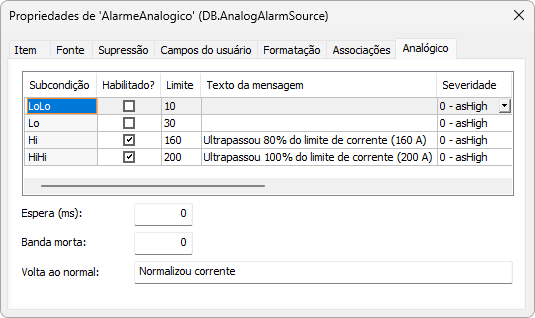 Propriedades do Alarme Analógico Propriedades do Alarme Analógico