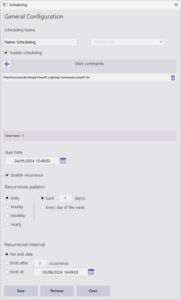 Janela de configuração de Comandos simples