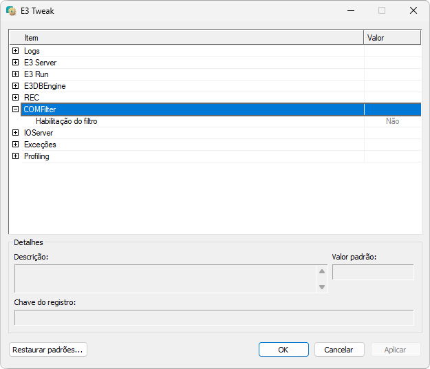 Configurações do filtro COM