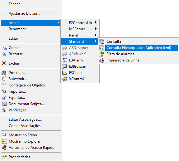 Opção de inserir um objeto Consulta Hierarquia do Aplicativo