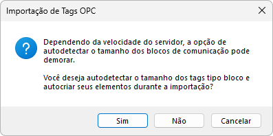 Mensagem referente à importação de Tags OPC