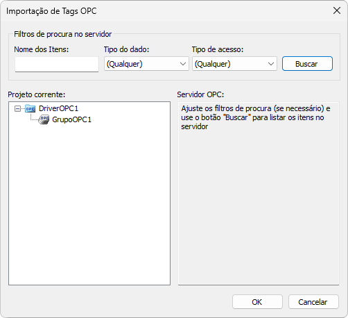 Janela Importação de Tags OPC
