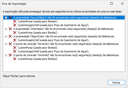 Mensagem de erro na seleção de classes inadequadas para importação Mensagem de erro na seleção de classes inadequadas para importação
