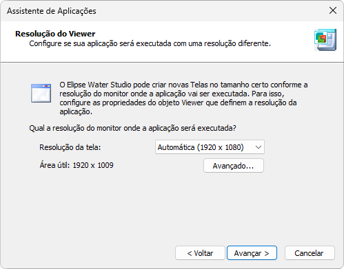 Opção de configuração da resolução do Elipse Water Viewer