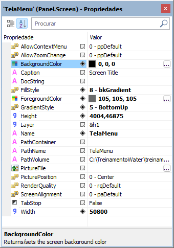 Propriedades da TelaMenu
