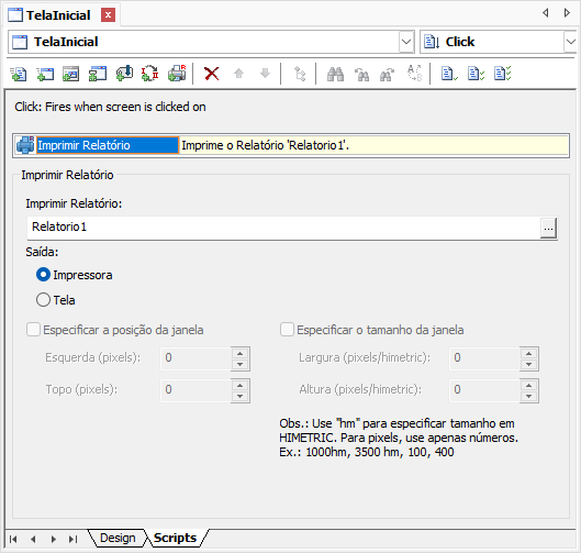 Configurações do Pick Imprimir Relatório