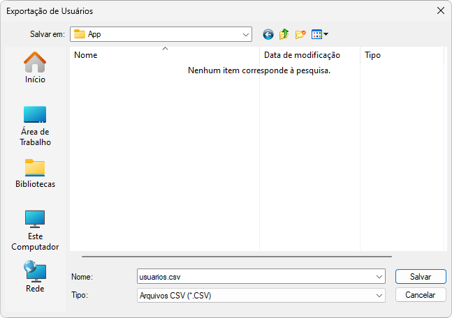 Janela Exportação de Usuários