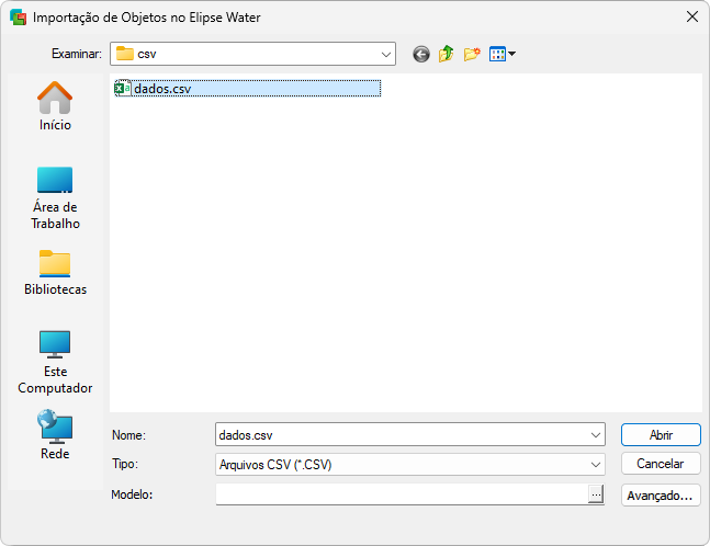 Janela para importação de objetos