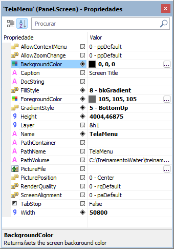 Propriedades da TelaMenu Propriedades da TelaMenu