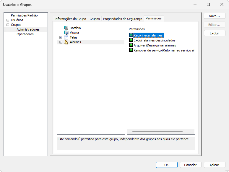 Permissão de reconhecer Alarmes autorizada para o grupo Administradores Permissão de reconhecer Alarmes autorizada para o grupo Administradores