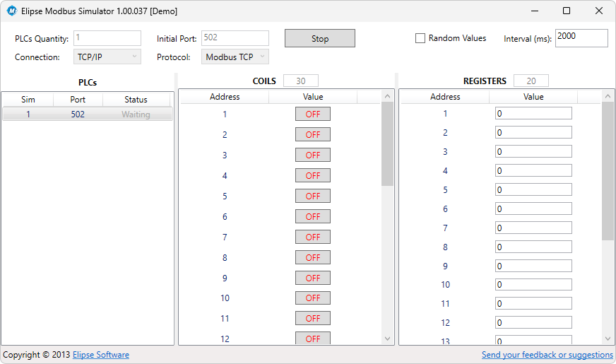Elipse Modbus Simulator em execução Elipse Modbus Simulator em execução